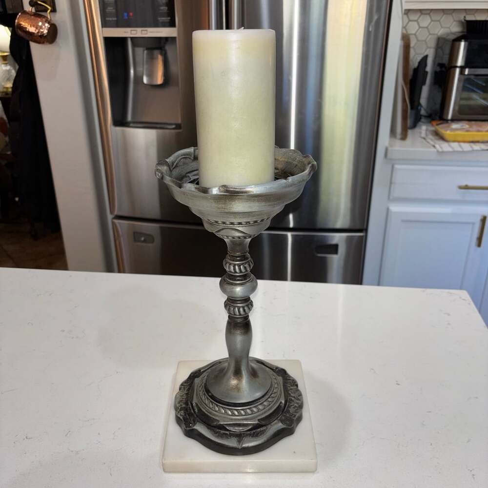 Aged Silver Toned Pillar Candlestick Holder with Marble Base Heavy